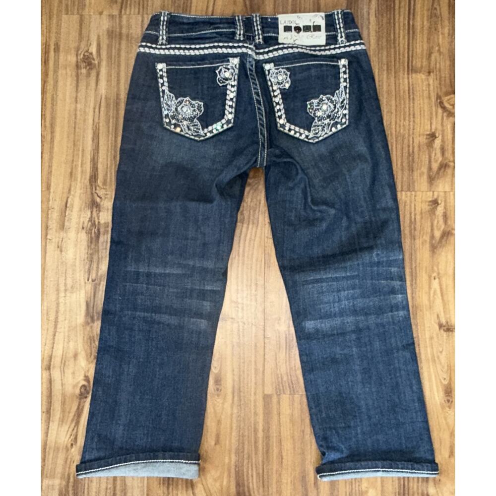 LA Idol Jeans Thick Stitch Bling Rhinestone L.A. Idol Low Rise Crop Y2K 3 W28